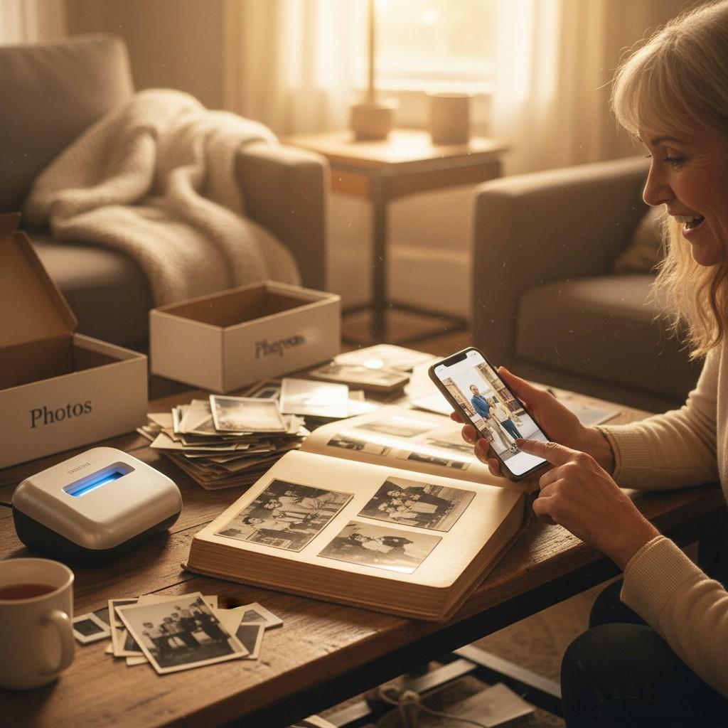 A woman digitizing old family photographs from a photo album